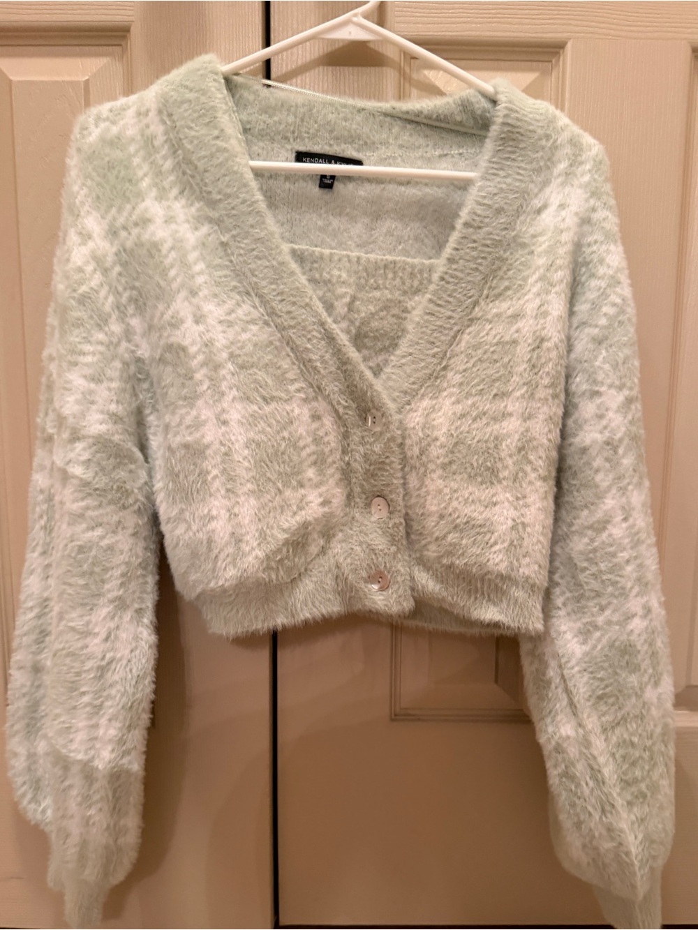 Kendall & Kylie Fuzzy Mint Green Cropped V-Neck Cardigan